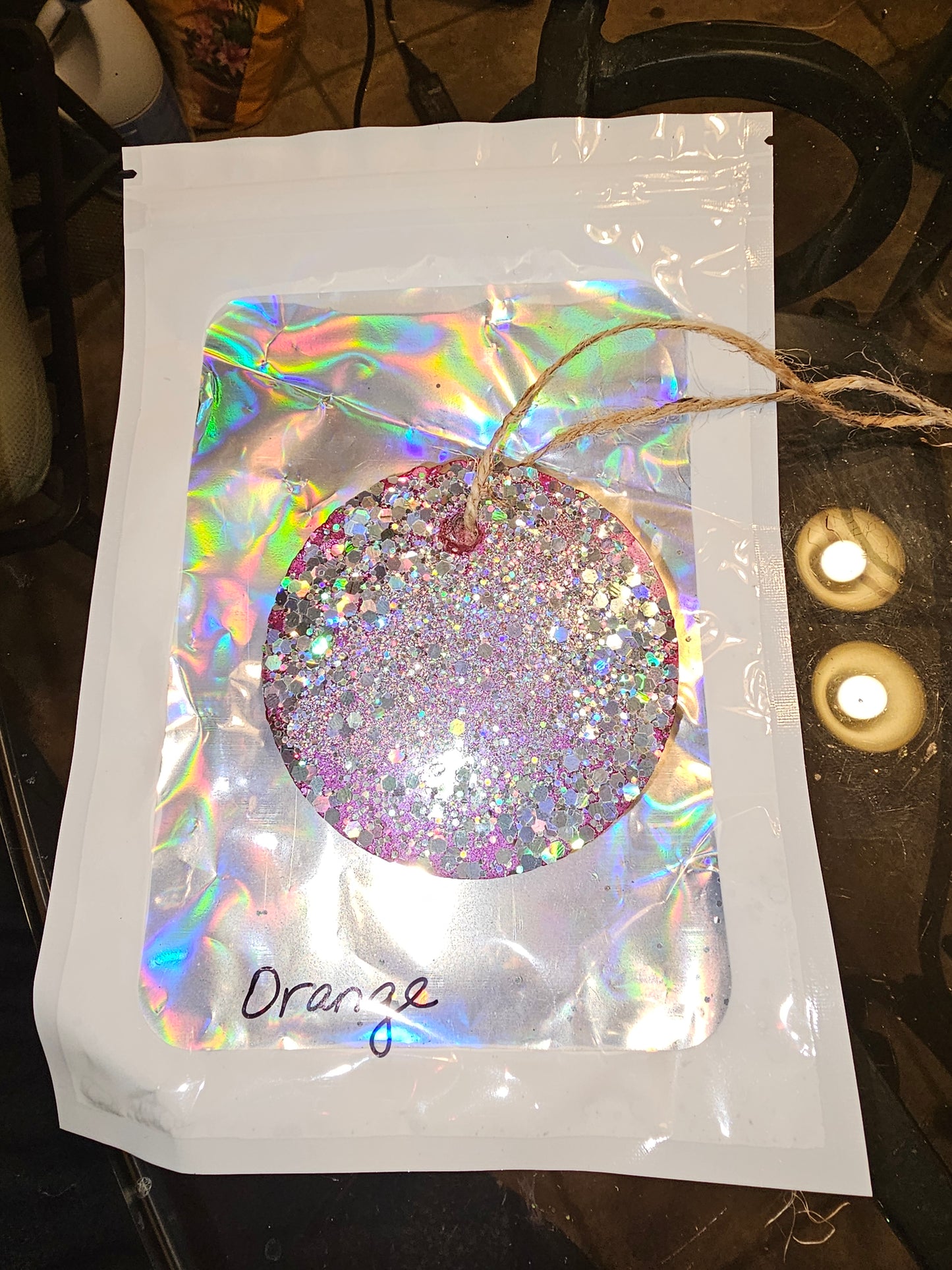 Freshie Pink glitter circle Sweet Orange scent New